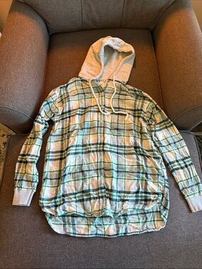 American Eagle Outfitters Green and White Plaid Hooded Sweatshirt